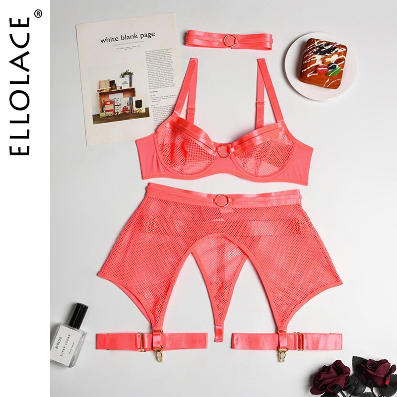 Ellolace Four-Piece Set Erotic Lingerie Transparent Bra Kit Push Up See Through Lace Langerie Mesh Seamless Underwear Garters