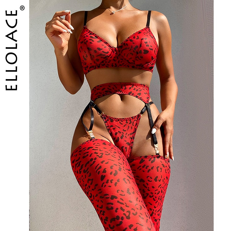 Ellolace Leopard Lingerie For Women Lace Set Of Underwear With Stockings 5-Pieces Erotic Thongs Garter Transparent Bra Pantyhose