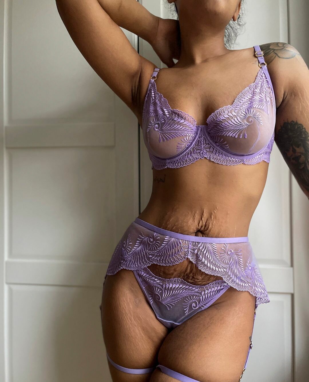 Ellolace Fancy Lingerie Transparent Lace Underwear 4-Piece Floral Sheer Intimate Lavender Delicate Sexy Erotic Outfit