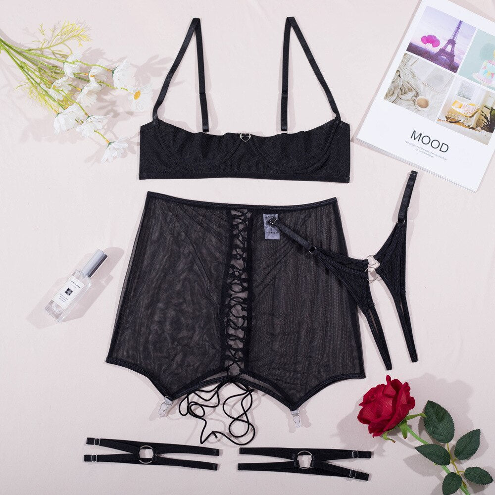 Ellolace Erotic Lingerie Open Bra Sissy Bandage Garter Intimate Sensual Crotchless Panties Sheer Lace Bilizna Set Uncensored