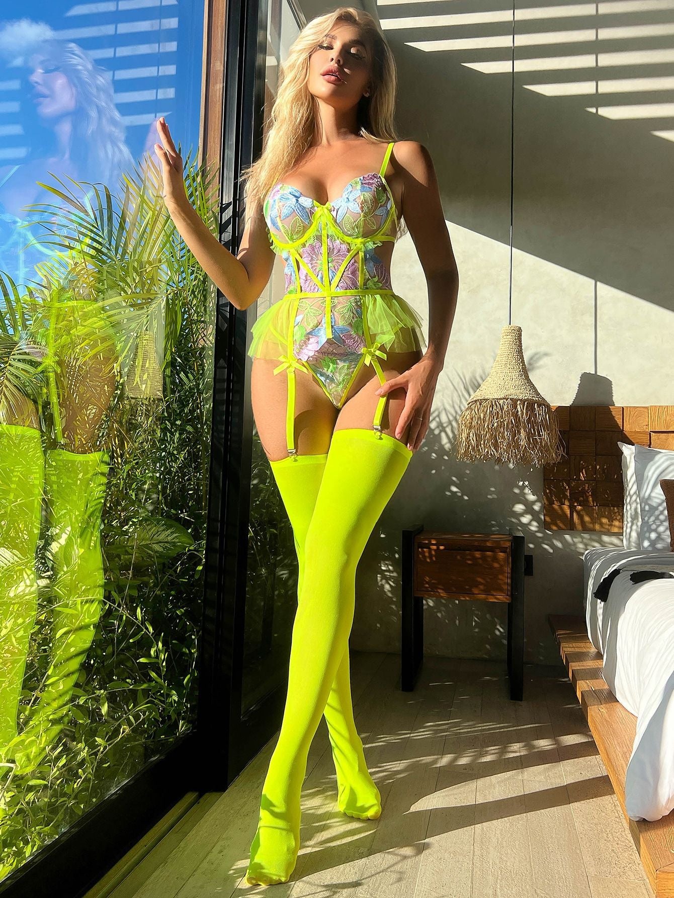 Ellolace Luxury Lace Bodysuit With Stocking Neon Green Floral Body Ruffle Garter Festival Outfit Sexy Top Tight Fitting Babydoll