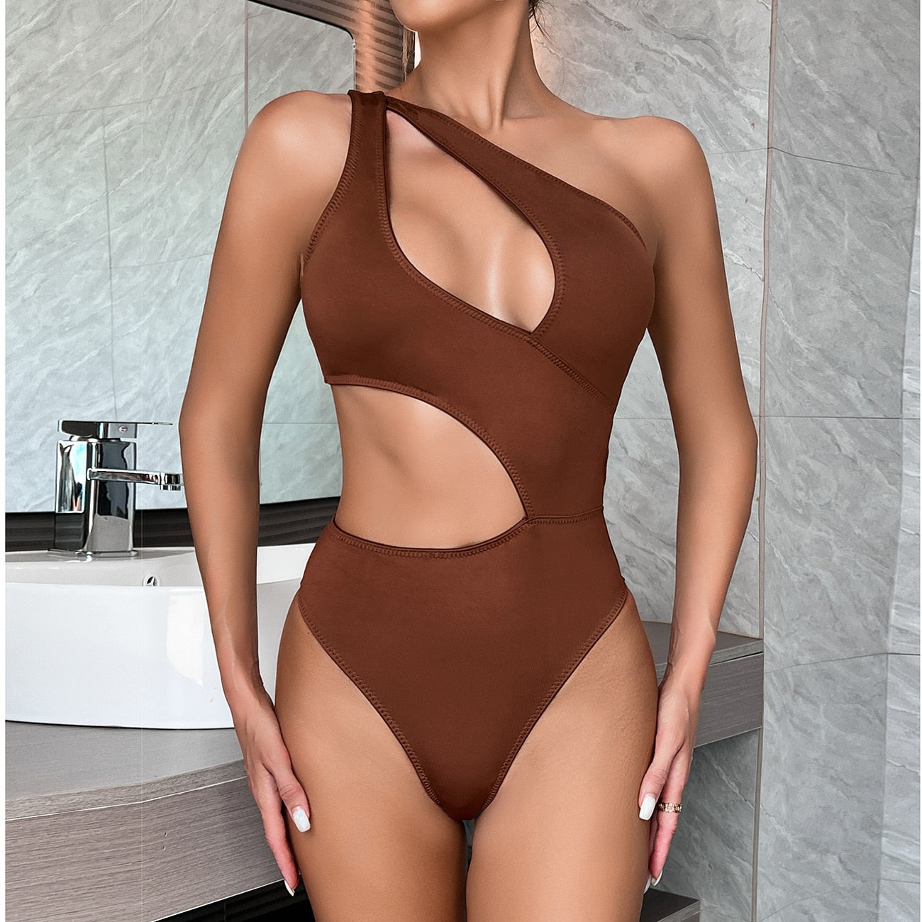 Ellolace One Shoulder Bodysuit Irregularity Midriff Tops Fine Festival Tight Fitting Woman One Piece Seamless Cut Out Body