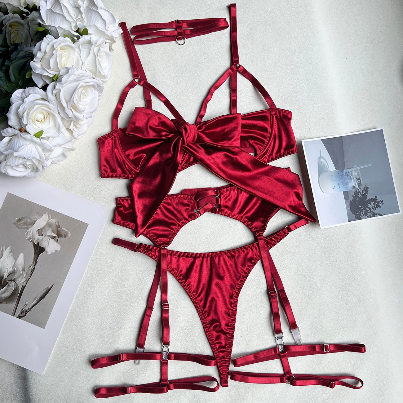Ellolace Bowknot Lingerie Open Bra Silk Underwear Sissy Bilizna Set Uncensored Porn Sensual Intimate Garter Thongs Sexy Outfits