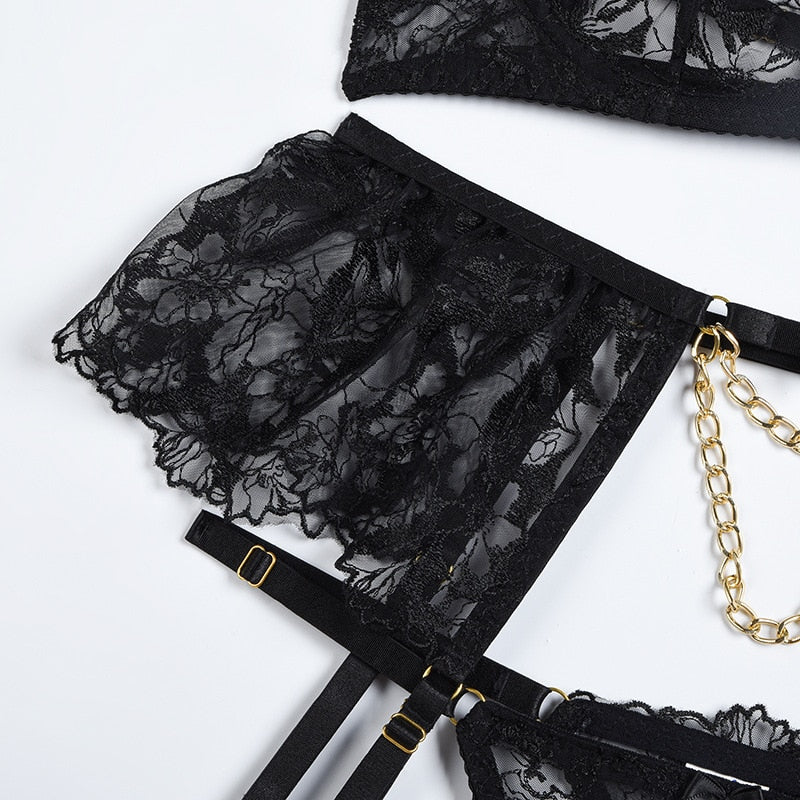 Lace Sexy Transparent Bra Panty Sets With Chain Sets 4-Piece