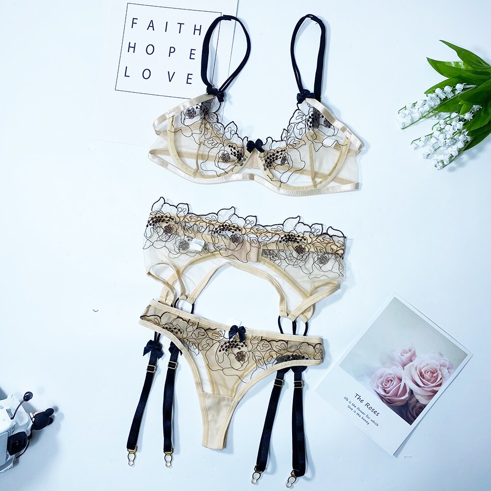 Ellolace Lingerie Sexy Transparent Bra Underwire Sheer Hot Porn Erotic Costumes Bowknot Floral Embroidery Garters Exotic Sets
