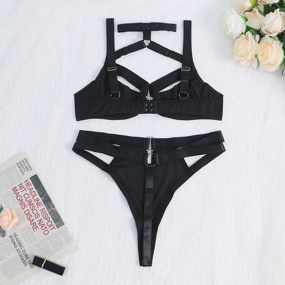 Ellolace Sexy Open Lingerie Halloween Cutting Underwear Halter Bra Thongd Uncensored 2-Piece Intimate Woman Sensual Exotic Sets