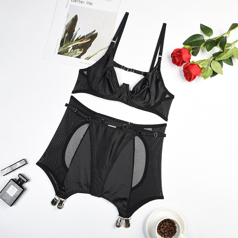 Silk Sexy Crotchless Garter 3-Piece Bra Kit Push Up Set