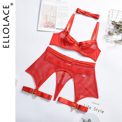 Ellolace Four-Piece Set Erotic Lingerie Transparent Bra Kit Push Up See Through Lace Langerie Mesh Seamless Underwear Garters