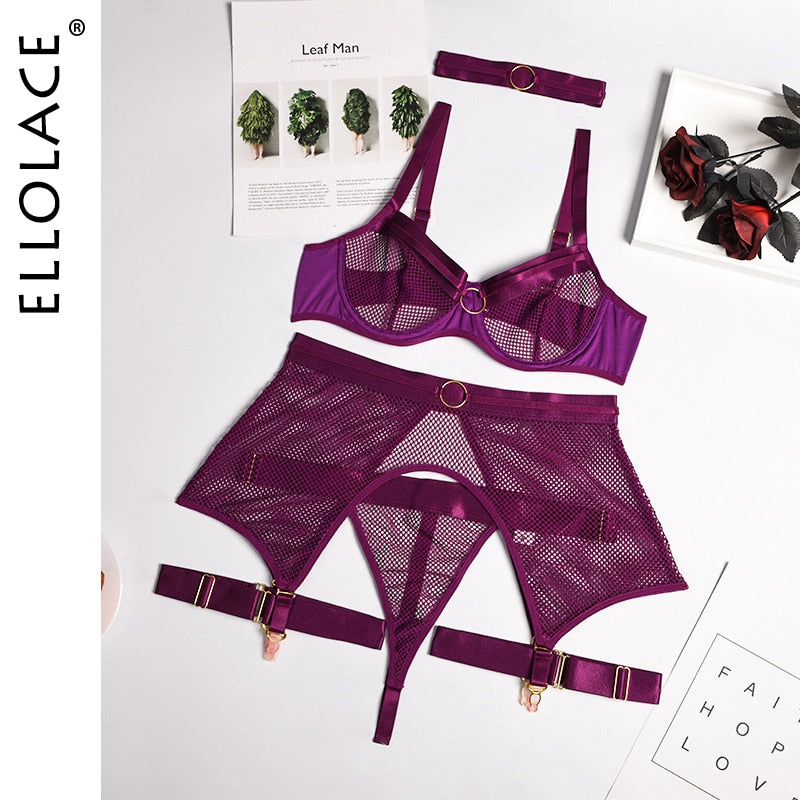 Ellolace Four-Piece Set Erotic Lingerie Transparent Bra Kit Push Up See Through Lace Langerie Mesh Seamless Underwear Garters