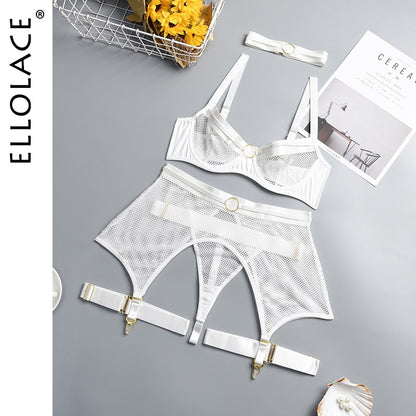 Ellolace Four-Piece Set Erotic Lingerie Transparent Bra Kit Push Up See Through Lace Langerie Mesh Seamless Underwear Garters
