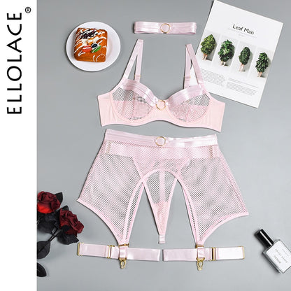 Ellolace Four-Piece Set Erotic Lingerie Transparent Bra Kit Push Up See Through Lace Langerie Mesh Seamless Underwear Garters