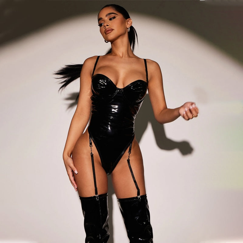 Ellolace Leather Bodysuit Fitness Sexy Body Tight Fitting One Piece Top Women Black Night Club Sissy Fetish Pu Crotchless Outfit