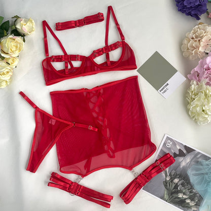 Ellolace Open Bra Lingerie Lace Up Garter Underwear Uncensored Thongs Naked Porn Intimate 4-Piece Valentine Day Mesh Bilizna Set