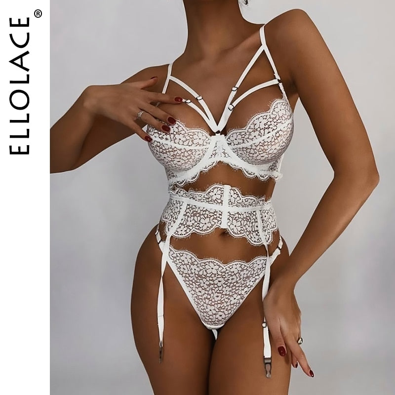 Ellolace Lingerie Sexy Underwear Bra Garters Thongs Fancy Erotic Briefs Sets Luxury Lace Exotic Beautiful  3-Pieces