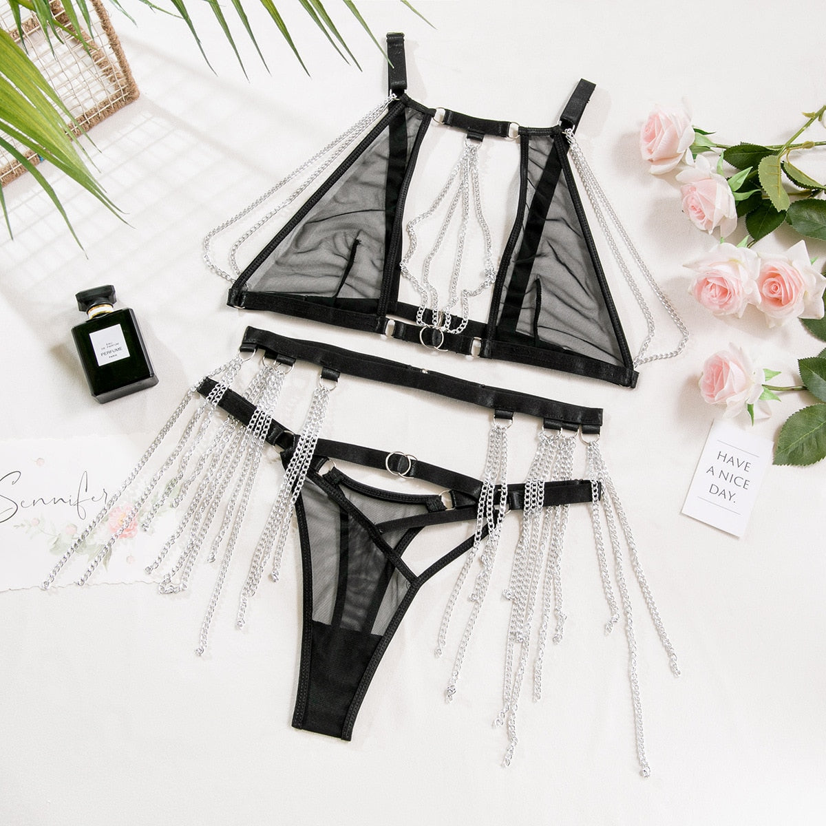 Ellolace Tassel Lingerie Sensual Transparent Tulle Underwear Uncensored Porn Seamless Outfit 3-Piece Fantasy Lace Intimate