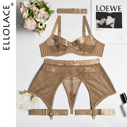 Ellolace Four-Piece Set Erotic Lingerie Transparent Bra Kit Push Up See Through Lace Langerie Mesh Seamless Underwear Garters