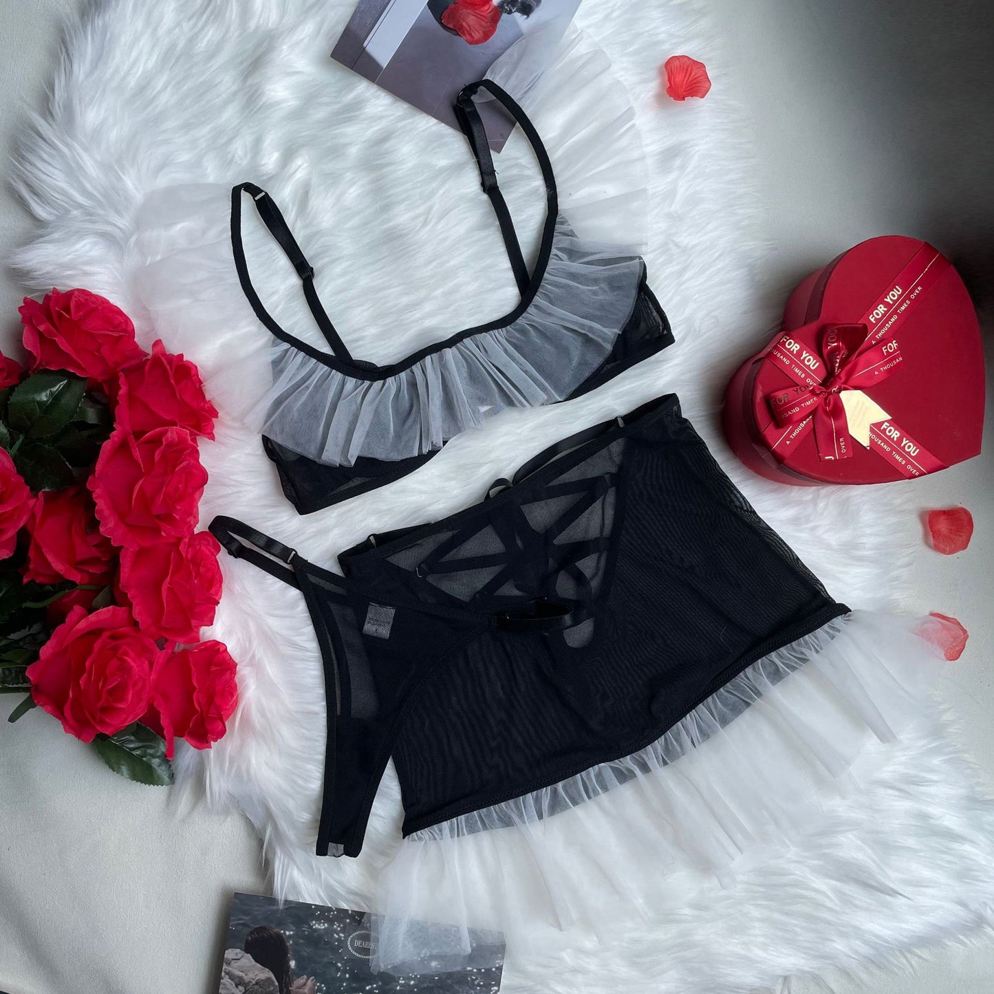 Ellolace Ruffle Lingerie Fairy Sensual Underwear Uncensored Lace Push Up Bra And Panty Outfit Sexy Night Club Fancy Intimate