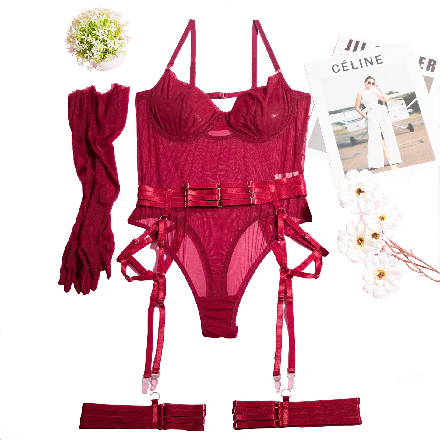 Ellolace Tight Fitting Lace Bodysuit Sexy See Through Body With Gloves Garter Night Club Outfit Sissy Crotchless Mesh Top