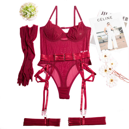 Ellolace Tight Fitting Lace Bodysuit Sexy See Through Body With Gloves Garter Night Club Outfit Sissy Crotchless Mesh Top