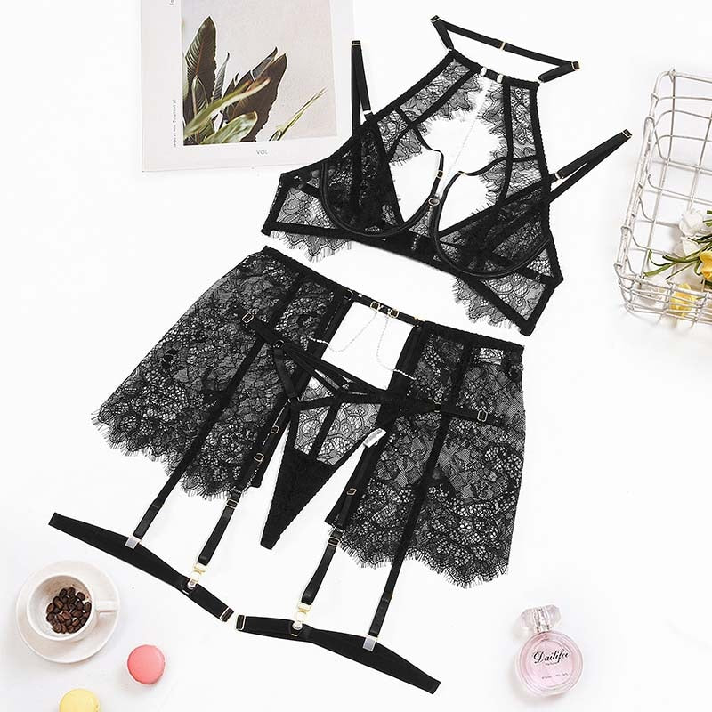 Ellolace Sensual Lingerie Cut Out Halter Bra Underwear See Through Fancy Intimate Rhinestone Fancy Erotic Outfit Uncensored