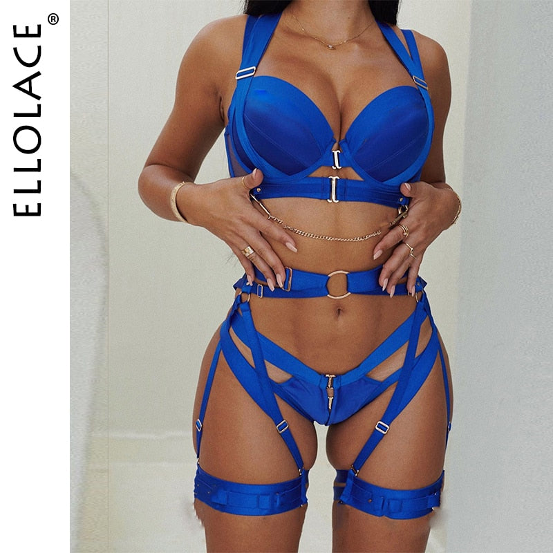 Ellolace Fine Lingerie Sexy Women's Underwear Crotchless 3-Piece Garter Bra And Panty Set Luxury Erotic Outfit Seamless Intimate