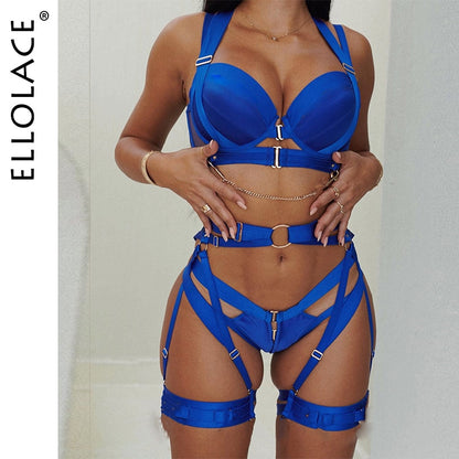Ellolace Fine Lingerie Sexy Women's Underwear Crotchless 3-Piece Garter Bra And Panty Set Luxury Erotic Outfit Seamless Intimate