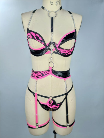 Ellolace Zebra Leather Lingerie Hollow Out Bra Kit Push Up Sensual Halter Garter Belt Set Sissy Contrast Color Exotic Outfits