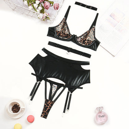 Ellolace Sensual Leopard Lingerie Wild Beauty Pu Leather Underwear 5-Piece Cut Out Briefs Sheer Bra Garter Delicate Intimate