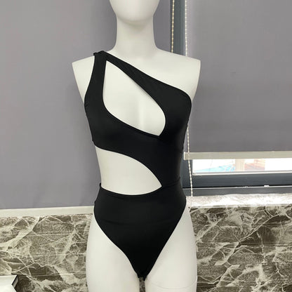 Ellolace One Shoulder Bodysuit Irregularity Midriff Tops Fine Festival Tight Fitting Woman One Piece Seamless Cut Out Body