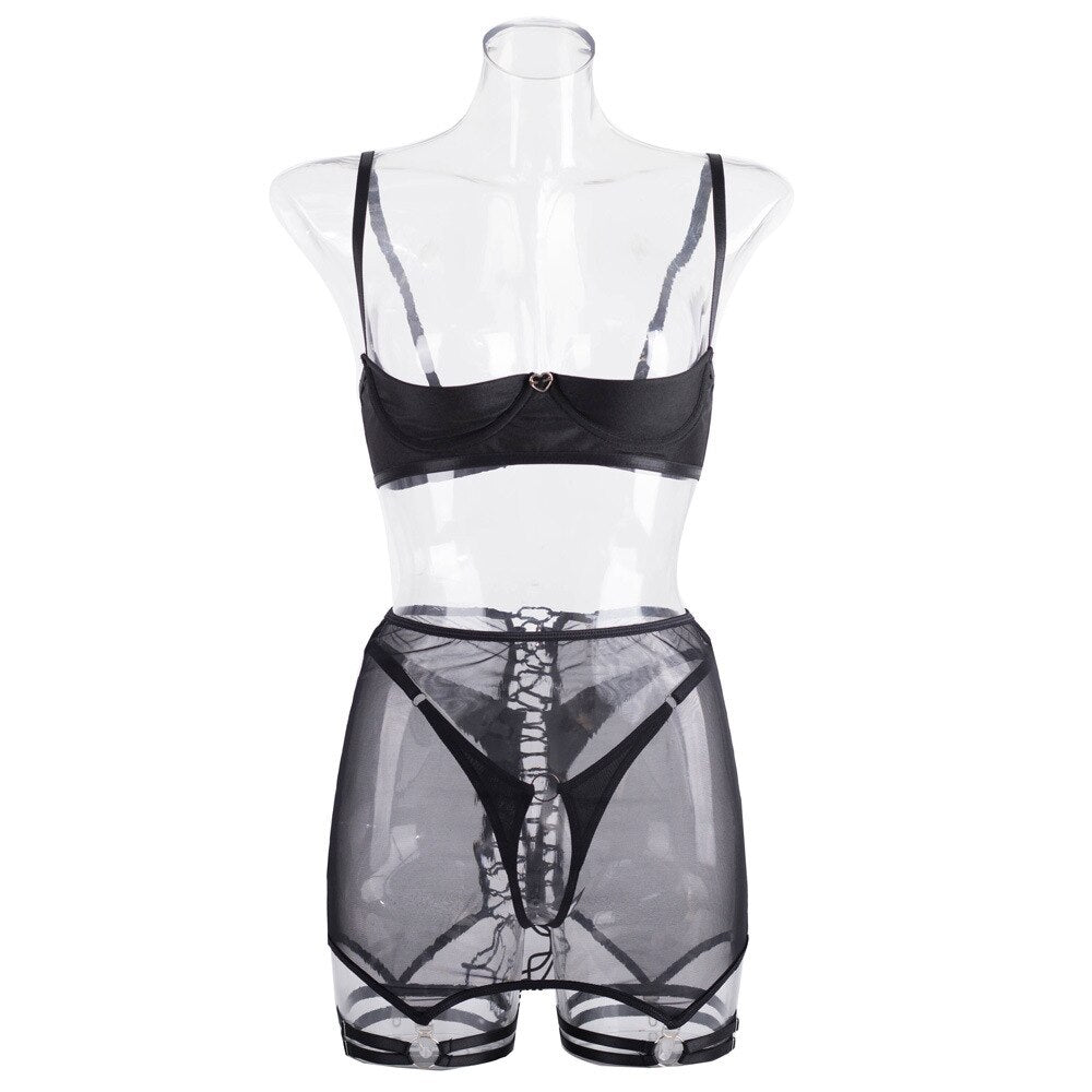 Ellolace Erotic Lingerie Open Bra Sissy Bandage Garter Intimate Sensual Crotchless Panties Sheer Lace Bilizna Set Uncensored