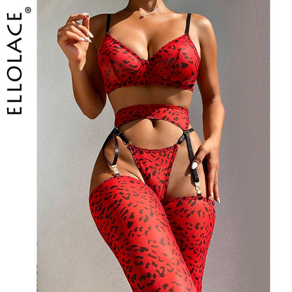 Ellolace Leopard Lingerie For Women Lace Set Of Underwear With Stockings 5-Pieces Erotic Thongs Garter Transparent Bra Pantyhose