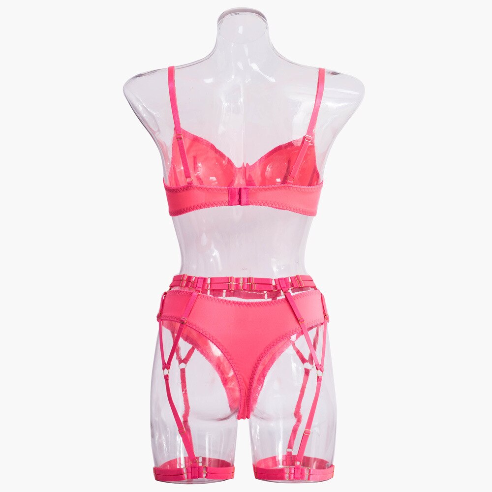 Ellolace Neon Pink Lingerie Seamless Underwear Transparent Lace Garter Brief Sets Senusal Exotic Outfits Sexy Intimate