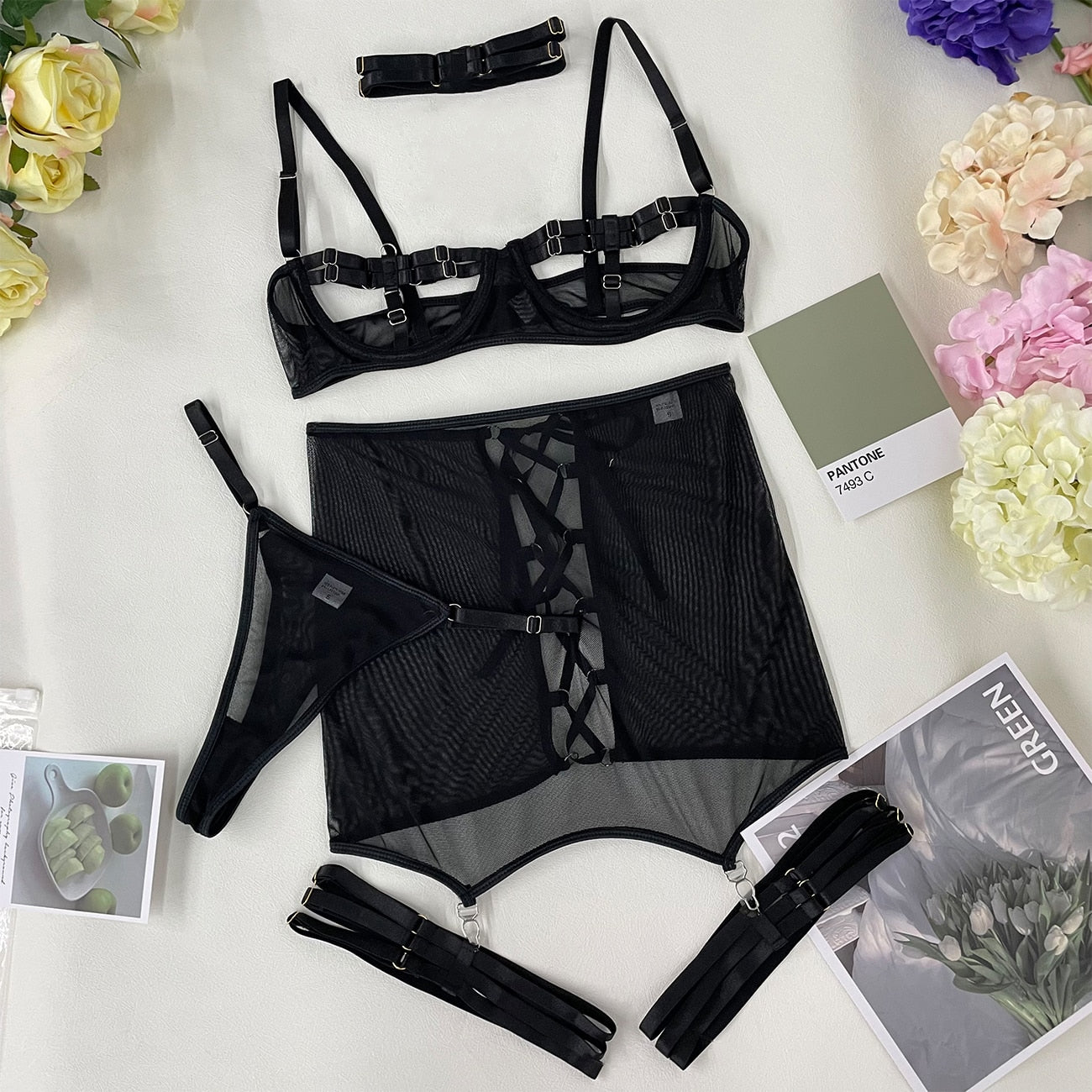 Ellolace Open Bra Lingerie Lace Up Garter Underwear Uncensored Thongs Naked Porn Intimate 4-Piece Valentine Day Mesh Bilizna Set