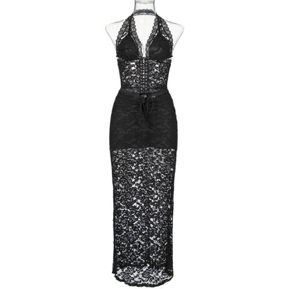 Ellolace Sexy Lace Outfits Halter Backless Camisole Crop Tops Pencil Ankle Skirts Summer See Through Black Skinny Outfits