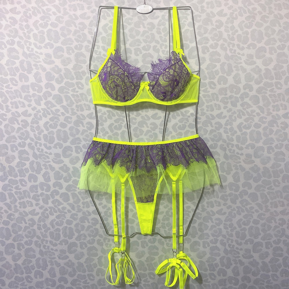 Ellolace Ruffle Lace Lingerie Sexy Patchwork Underwear Uncensored Bra And Panty Set Fairy Intimate Neon Garter Erotic Outfit