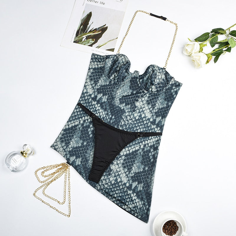 Ellolace Sexy Mini Dress Snake Print Irregular Hem With Chain Halter Deep-v Sleeveless Body-Shaping Skinny Tight Short Dresses