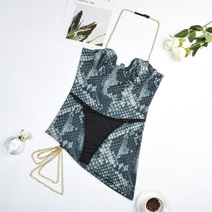 Ellolace Sexy Mini Dress Snake Print Irregular Hem With Chain Halter Deep-v Sleeveless Body-Shaping Skinny Tight Short Dresses