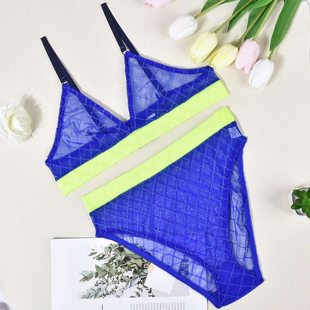 Ellolace Plaid Lingerie Outfit Sheer Lace Seamless Underwear Set Women 2 Piece Transparent Intimate Patchwork Erotic Sets