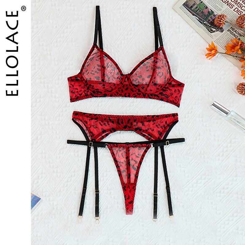 Ellolace Leopard Lingerie For Women Lace Set Of Underwear With Stockings 5-Pieces Erotic Thongs Garter Transparent Bra Pantyhose