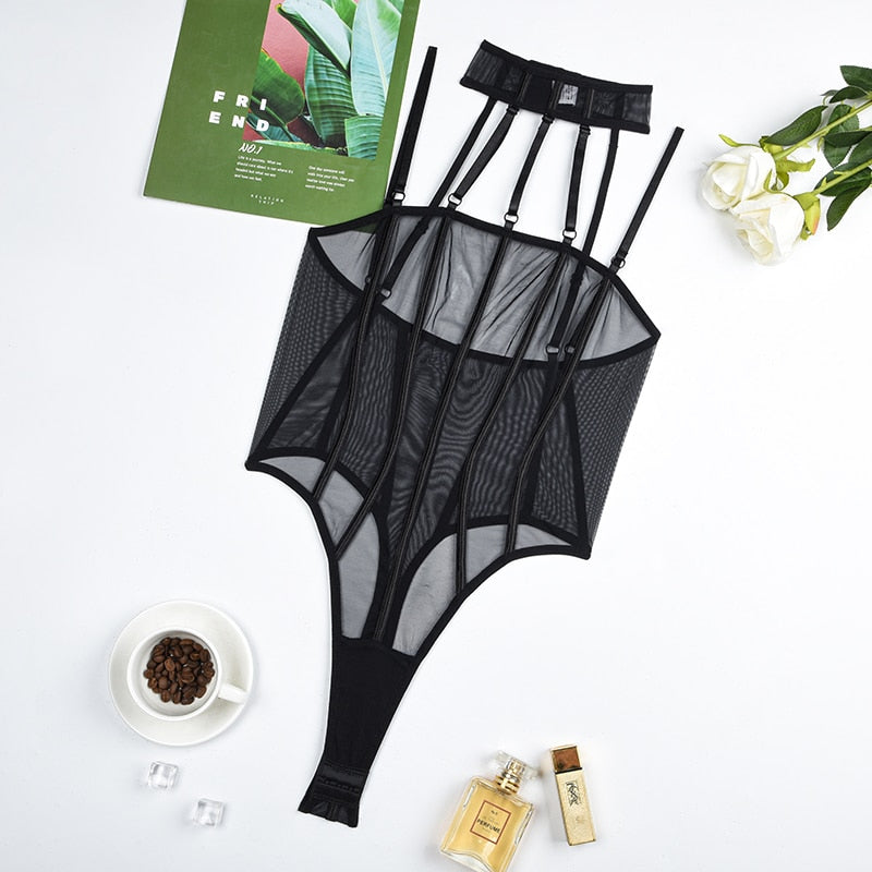Ellolace Sensual Bodysuit Sheer Lace Naked Tops Halter Body Erotic Costume Uncensored Hot Sexy See Through Crotchless Babydoll