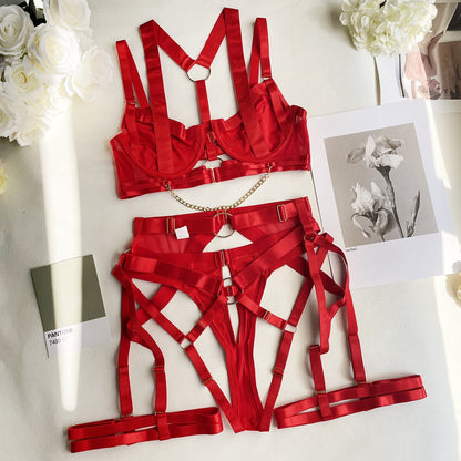 Ellolace Fine Lingerie Sexy Women's Underwear Crotchless 3-Piece Garter Bra And Panty Set Luxury Erotic Outfit Seamless Intimate