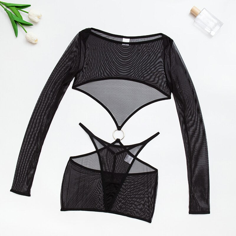Ellolace Sensual Lingerie Transparent Babydoll Sheer Mesh Cutout Waist Dress Hot Porn Outfit Uncensored Tulle Erotic Costume