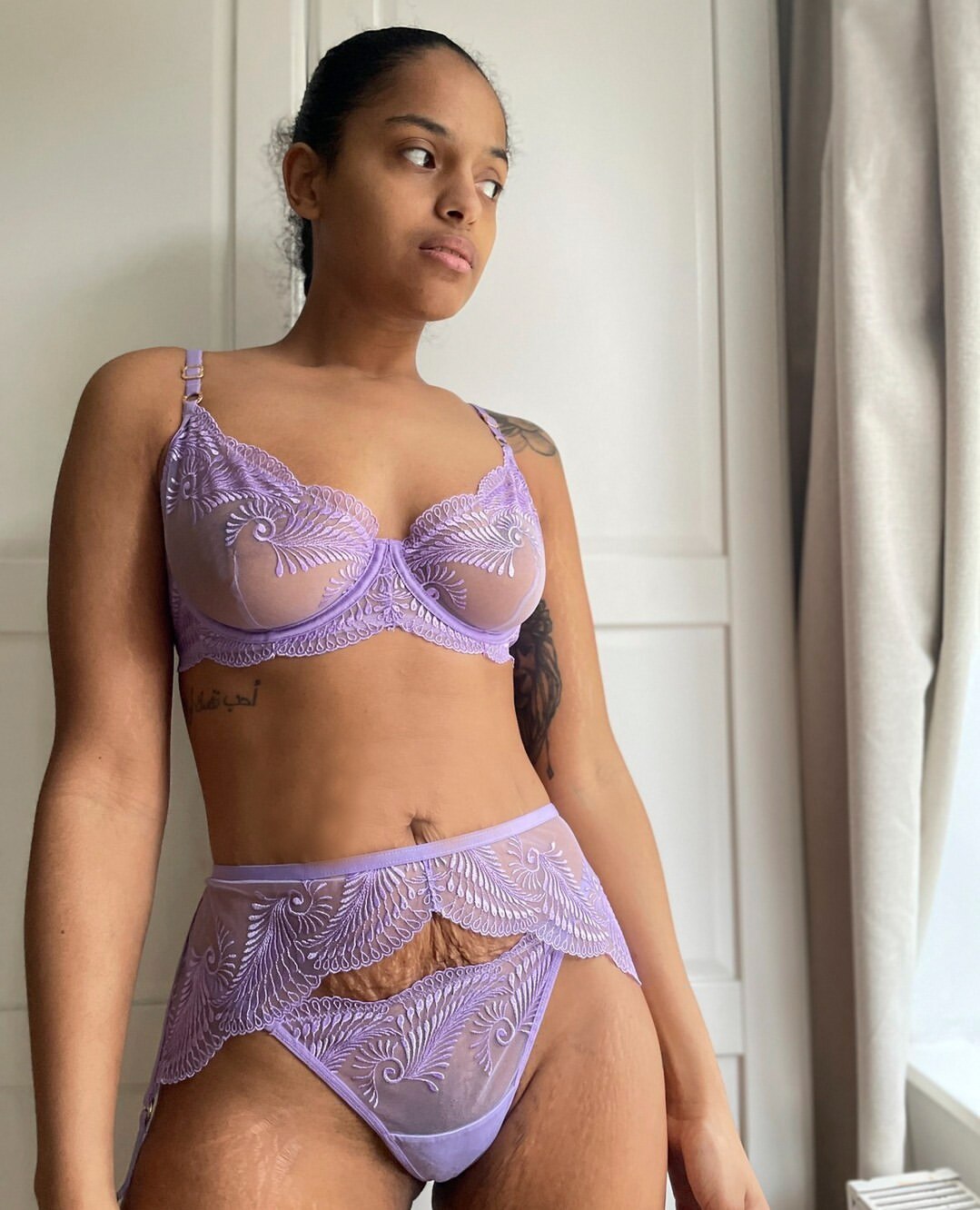 Ellolace Fancy Lingerie Transparent Lace Underwear 4-Piece Floral Sheer Intimate Lavender Delicate Sexy Erotic Outfit
