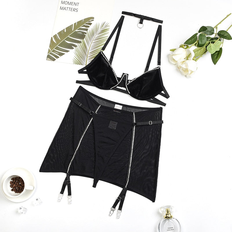 Ellolace Velvet Rhinestone Lingerie Bra Kit Push Up Underwear Fancy Delicate Exotic Sets Fairy Pink Intimate Beautiful Outfit