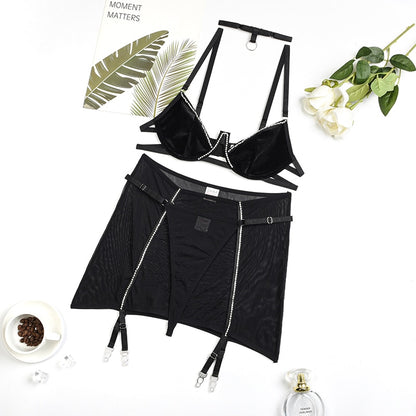 Ellolace Velvet Rhinestone Lingerie Bra Kit Push Up Underwear Fancy Delicate Exotic Sets Fairy Pink Intimate Beautiful Outfit
