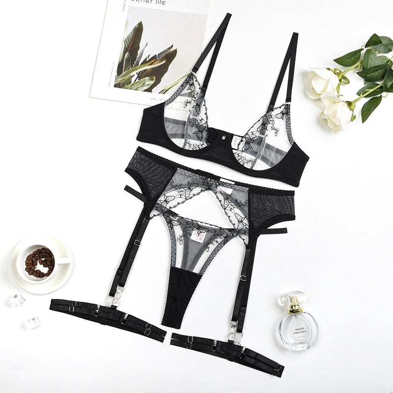 Ellolace Sensual Lingerie Floral Transparent Bra Kit Push Up Erotic Garter Belt Set Seamless Sheer Lace Underwear Uncensored