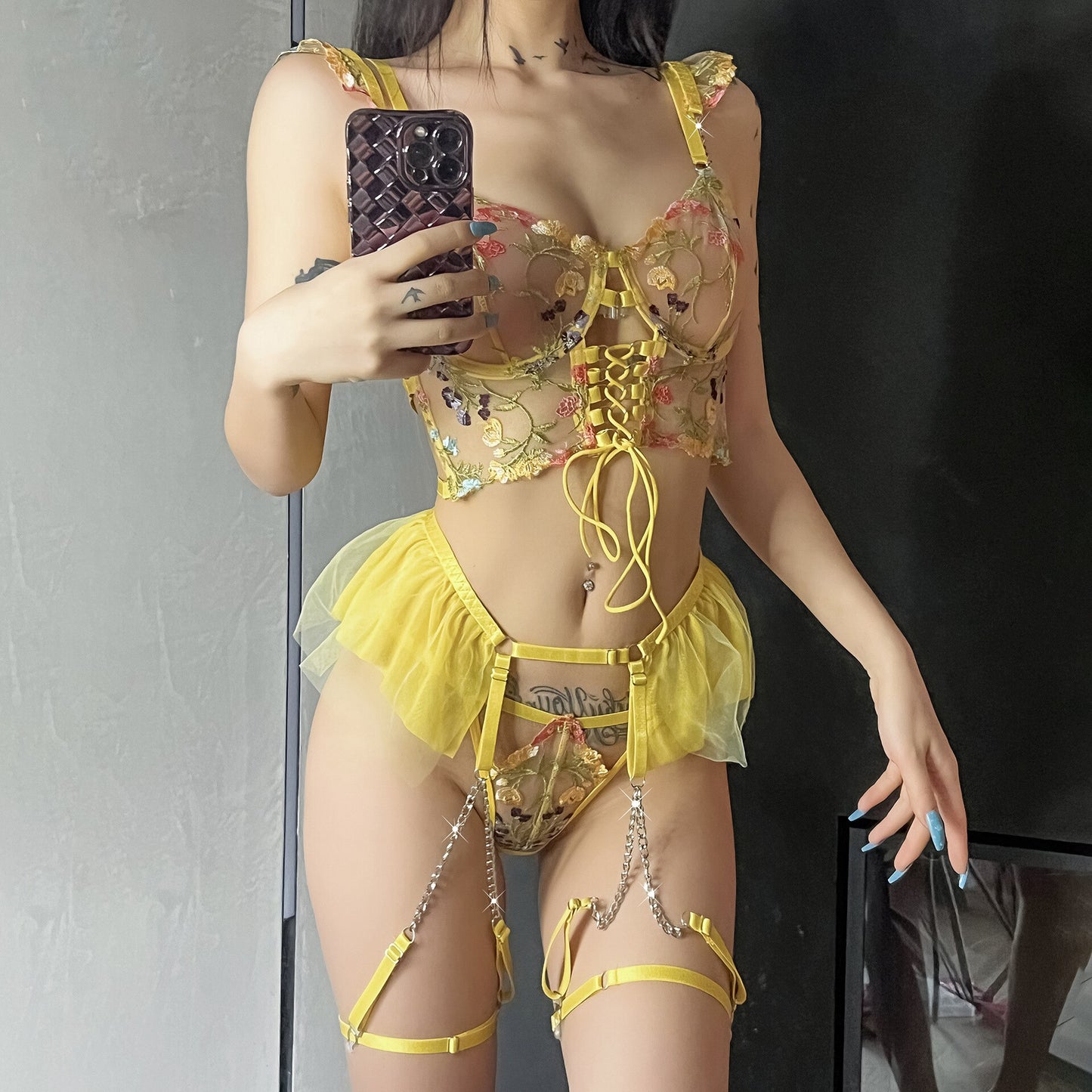 Ellolace Fancy Lingerie Sensual Luxury Exotic Sets Transparent Bra Set Woman 4-Pieces Sexy Fairy Lace Underwear Uncensored