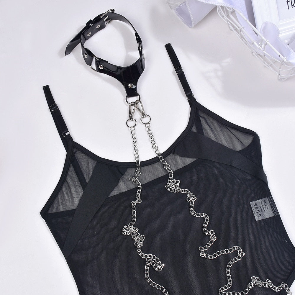 Ellolace Bondage Bodysuit Lingerie Bdsm Transparent Porn Lace Body One-Pieces With Halter Leather Chain Sexy Mesh Tights Top