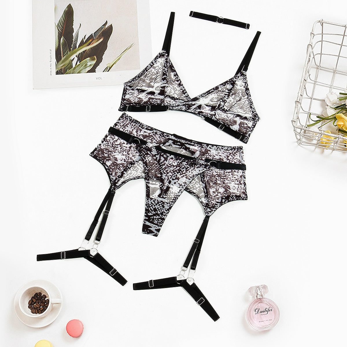 Ellolace Luxury Print Lingerie Wireless Cross Bra Sexy Outfits See Through Tulle Underwear Erotic Garter Belt Set Sissy Intimate