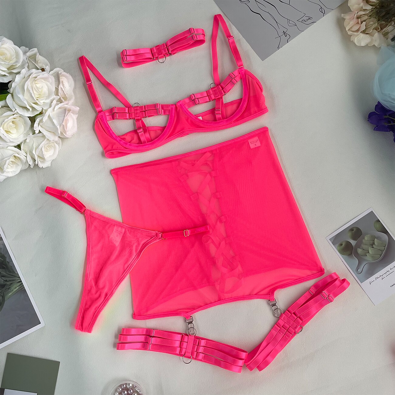 Ellolace Open Bra Lingerie Lace Up Garter Underwear Uncensored Thongs Naked Porn Intimate 4-Piece Valentine Day Mesh Bilizna Set